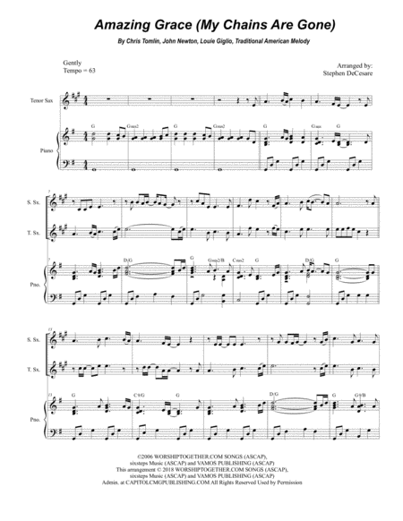 Amazing Grace My Chains Are Gone Duet For Soprano Tenor Saxophone Sheet Music