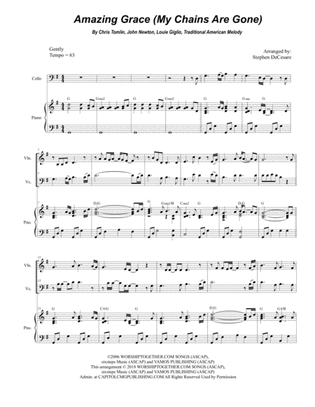 Free Sheet Music Amazing Grace My Chains Are Gone Duet For Violin Cello