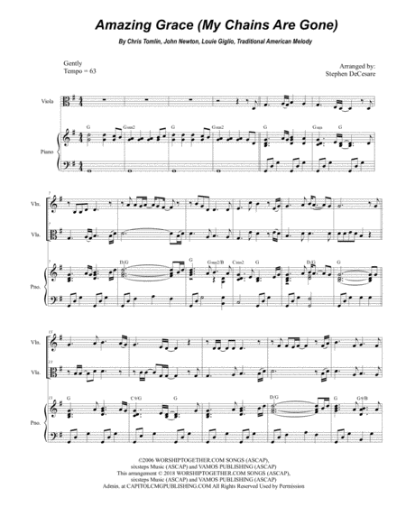 Free Sheet Music Amazing Grace My Chains Are Gone Duet For Violin Viola