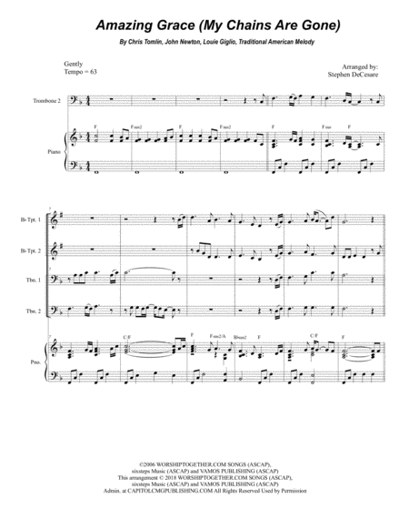 Free Sheet Music Amazing Grace My Chains Are Gone For Brass Quartet Piano Alternate Version