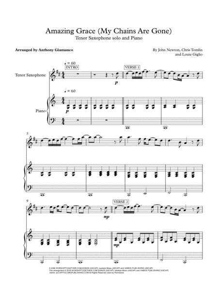 Amazing Grace My Chains Are Gone For Tenor Saxophone Solo And Piano Sheet Music