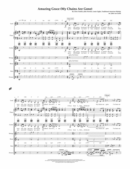 Amazing Grace My Chains Are Gone For Worship Band All Parts For Lead Piano Guitar 2 Part Brass Strings Bass Drums Sheet Music