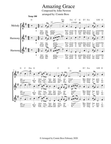 Amazing Grace Vocal Trio A Capella Key Of G Upper Range Sheet Music