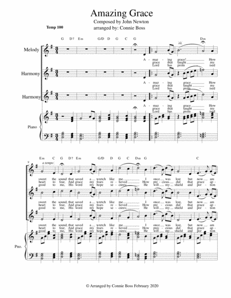 Free Sheet Music Amazing Grace Vocal Trio And Piano Key Of G Higher Range