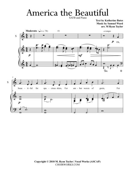 Free Sheet Music America The Beautiful Satb Choir And Piano