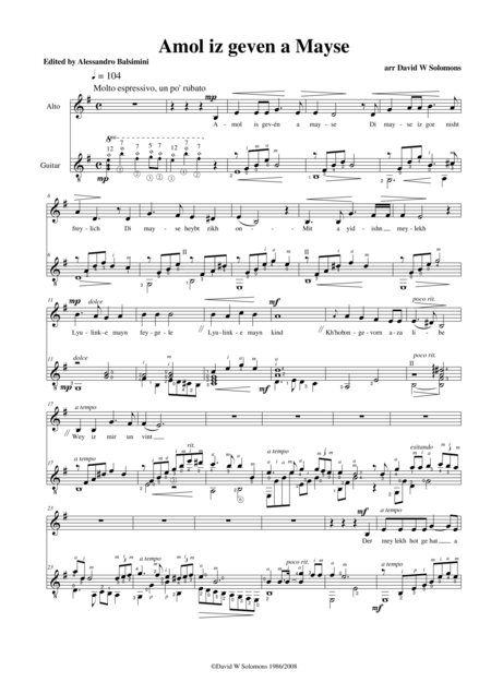 Free Sheet Music Amol Iz Geven A Mayse For Alto Voice And Guitar