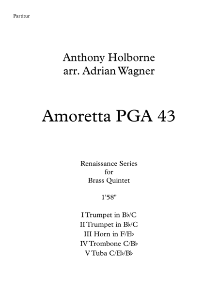 Amoretta Pga 43 Anthony Holborne Brass Quintet Arr Adrian Wagner Sheet Music