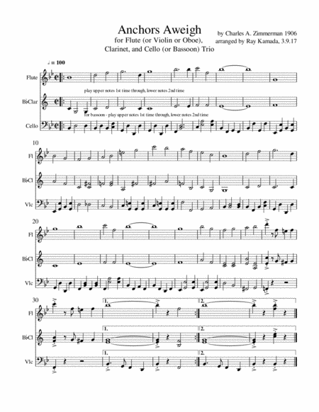 Anchors Aweigh Trio For Flute Or Violin Or Oboe Clarinet And Cello Or Bassoon Sheet Music