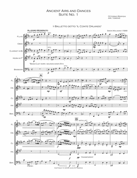 Ancient Airs And Dances Suite No 1 Arranged For Wind Quintet Sheet Music