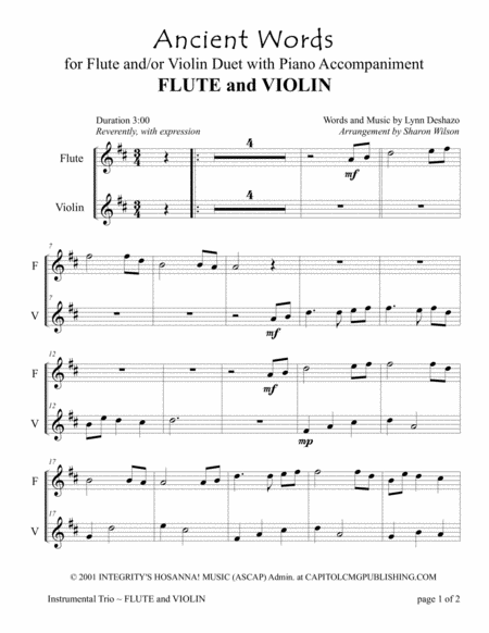 Free Sheet Music Ancient Words For Flute And Or Violin Duet With Piano Accompaniment