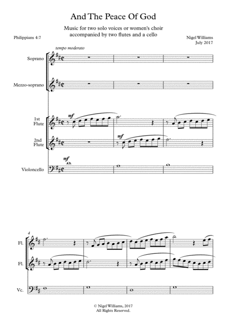 Free Sheet Music And The Peace Of God For Soprano Alto Two Flutes And Cello