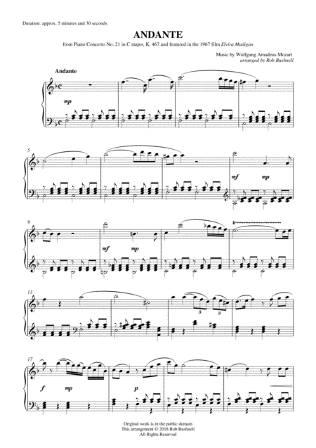Andante 2nd Movement From Piano Concerto No 21 Elvira Madigan Mozart Intermediate Solo Piano Sheet Music