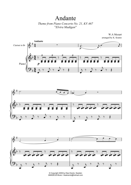 Andante From Elvira Madigan Abridged For Clarinet In Bb And Piano Sheet Music