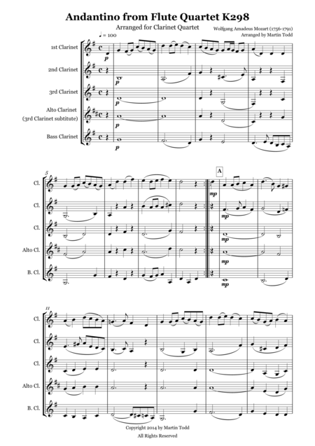 Free Sheet Music Andantino From Flute Quartet K298 Arranged For Clarinet Quartet