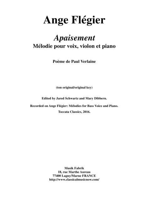 Free Sheet Music Ange Flgier Apaisement For Medium Voice Violin And Piano