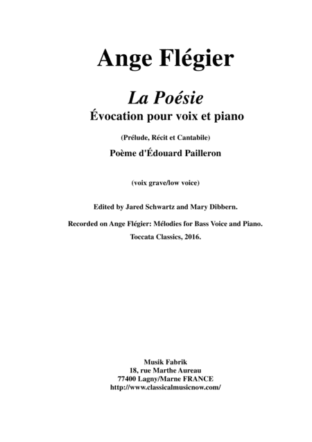 Ange Flgier La Posie For Bass Voice And Piano Sheet Music