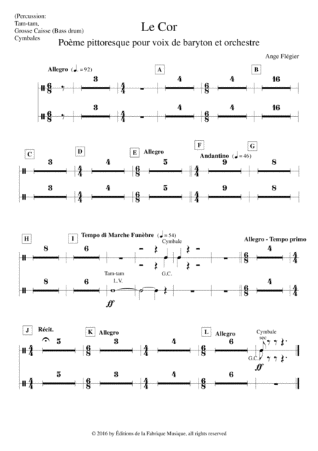 Ange Flgier Le Cor For Baritone Voice And Orchestra Percussion Part Sheet Music