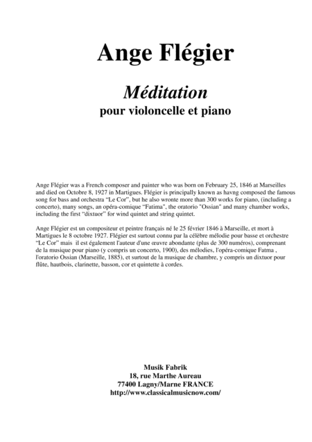 Free Sheet Music Ange Flgier Mditation For Violoncello And Piano