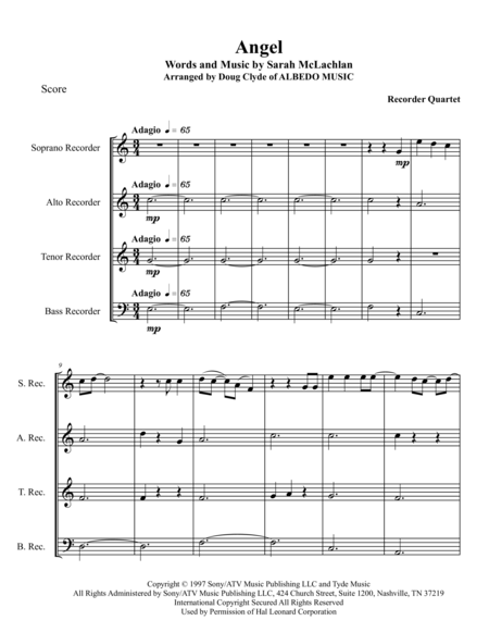 Angel For Recorder Quartet Sheet Music