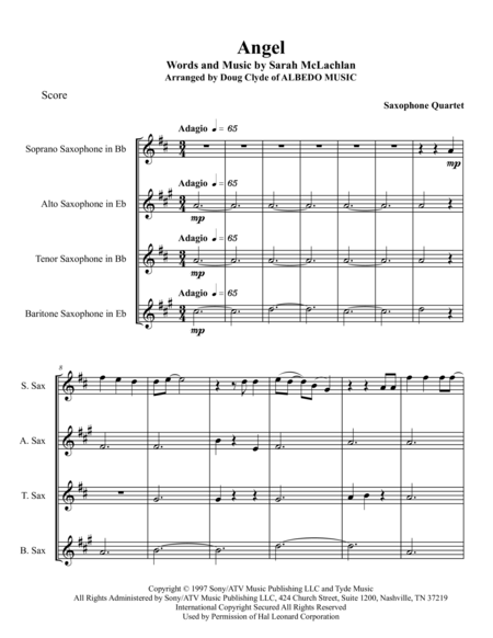 Free Sheet Music Angel For Saxophone Quartet