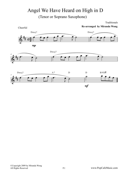 Free Sheet Music Angel We Have Heard On High Tenor Or Soprano Saxophone Solo