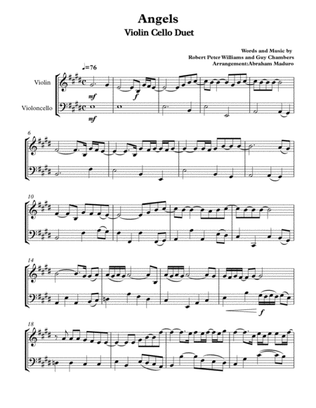 Angels By Robbie Williams Violin And Cello Duet Sheet Music