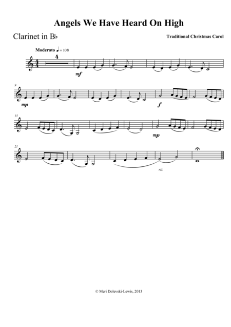 Free Sheet Music Angels We Have Heard On High Clarinet Piano