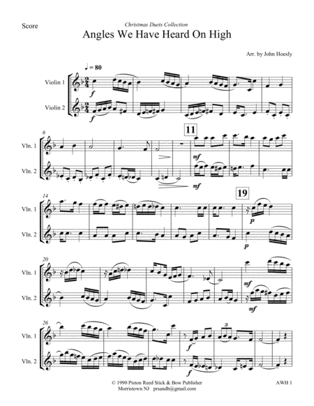 Free Sheet Music Angels We Have Heard On High Duet Violin And Violin