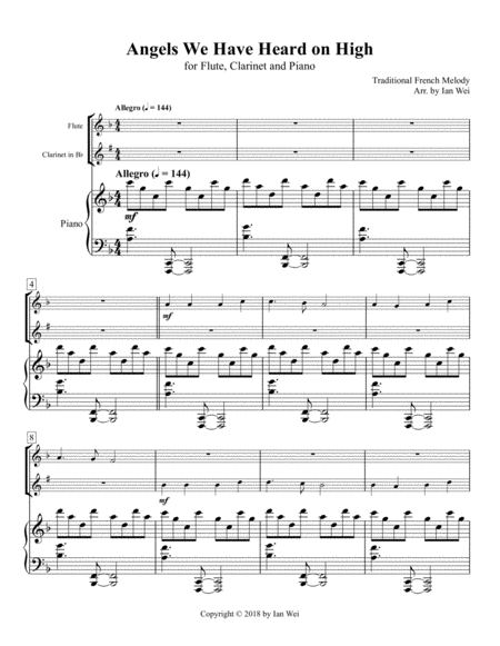 Free Sheet Music Angels We Have Heard On High For Flute Clarinet And Piano