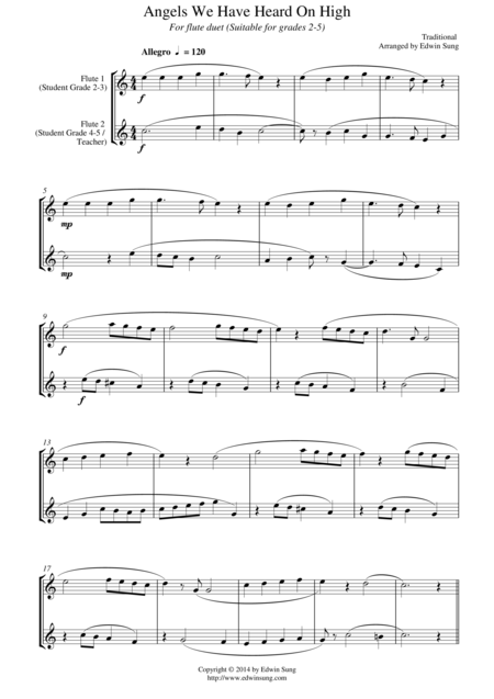 Free Sheet Music Angels We Have Heard On High For Flute Duet Suitable For Grades 2 6