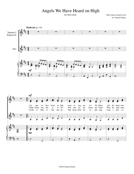 Angels We Have Heard On High For Ssa Choir With Piano Accompaniment Sheet Music