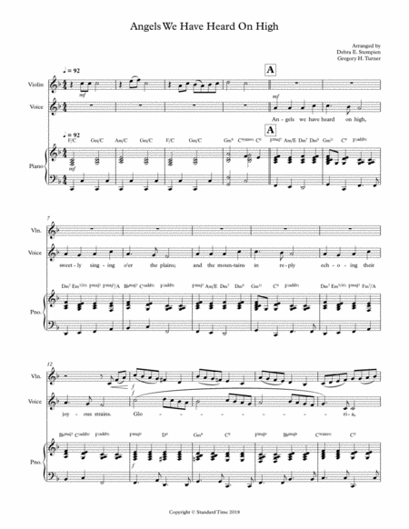 Free Sheet Music Angels We Have Heard On High For Vocal Solo With Violin And Piano Accompaniment