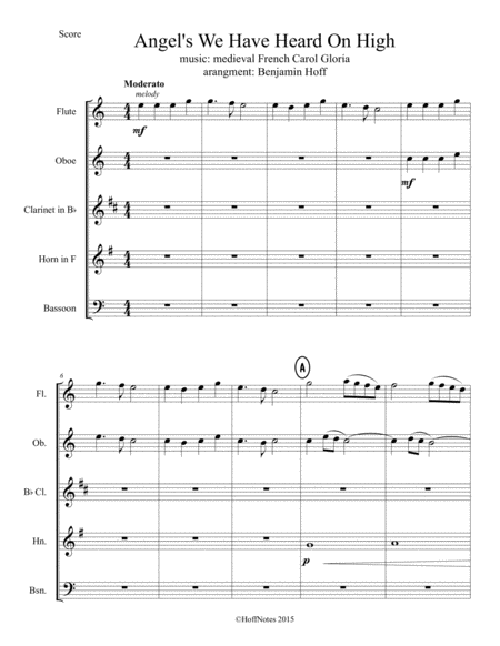 Angels We Have Heard On High For Wind Quintet Sheet Music