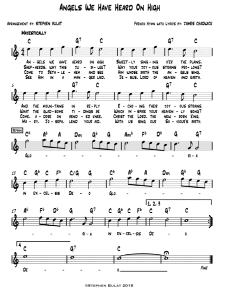 Angels We Have Heard On High Lead Sheet Melody Lyrics Chords In Key Of C Sheet Music