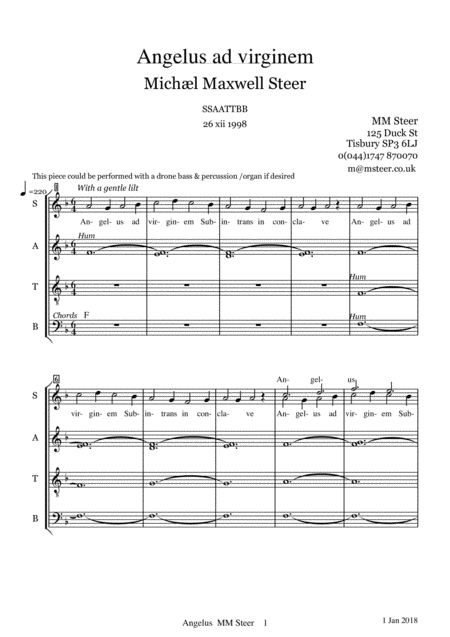 Angelus Ad Virginem Trad Christmas Words For 8 Voice Acappella Sheet Music