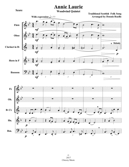 Annie Laurie Woodwind Quintet Intermediate Level Sheet Music