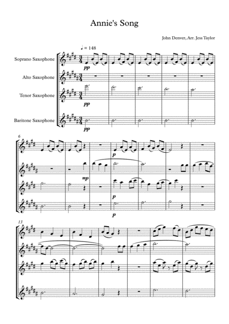 Annies Song For Sax Quartet Or Sax Choir Sheet Music