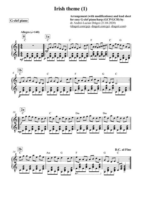 Anonymous Irish Folk Theme 1 Arrangement With Modifications And Lead Sheet For Easy G Clef Piano Harp Gcp Gch Sheet Music