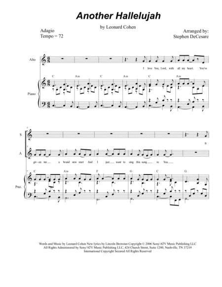 Free Sheet Music Another Hallelujah Duet For Soprano And Alto Solo