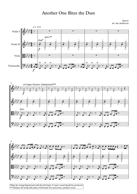 Another One Bites The Dust String Quartet Sheet Music