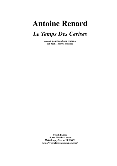 Antoine Renard Le Temps Des Cerises Arranged For Trombone And Piano Sheet Music