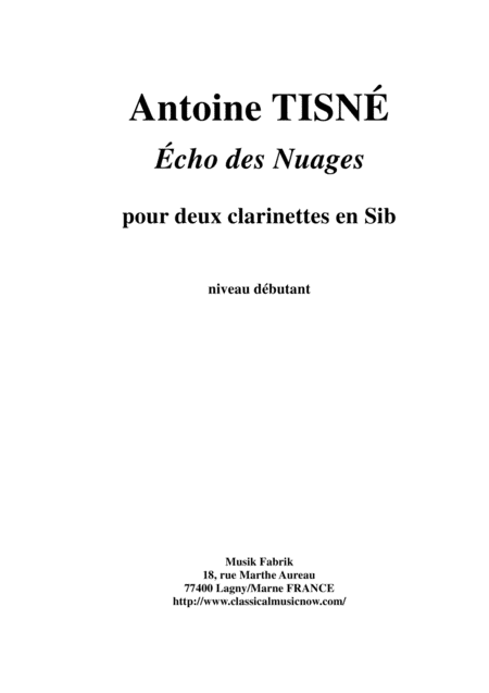 Antoine Tisn Echo Des Nuages For Two Bb Clarinets Sheet Music