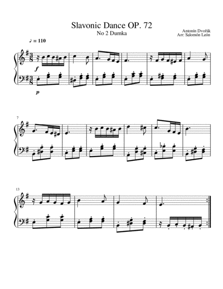 Antonn Dvo K Slavonic Dance Op 72 No 2 Dumka In E Minor For Piano Solo Sheet Music