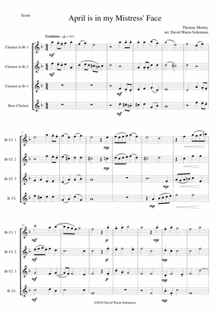 Free Sheet Music April Is In My Mistress Face For Clarinet Quartet 3 B Flats And 1 Bass
