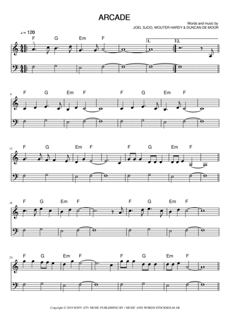 Arcade Duncan Laurence Easy Piano Sheet Music