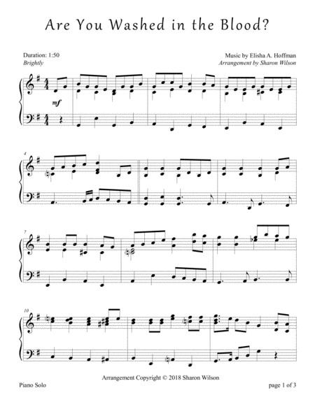 Free Sheet Music Are You Washed In The Blood Piano Solo