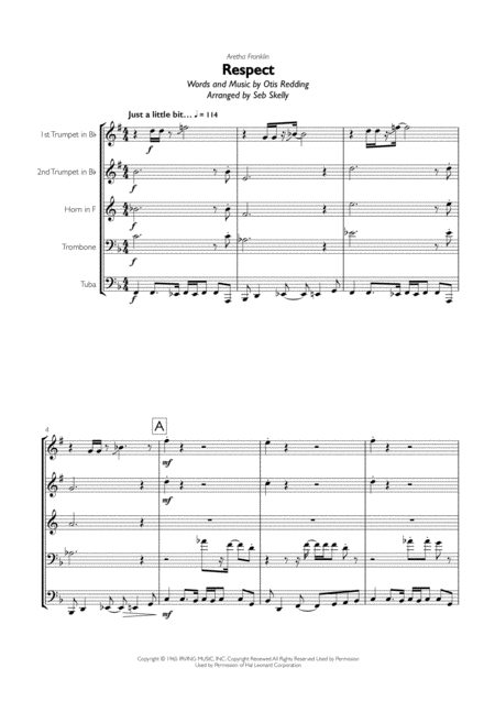 Aretha Franklin Respect For Brass Quintet Sheet Music