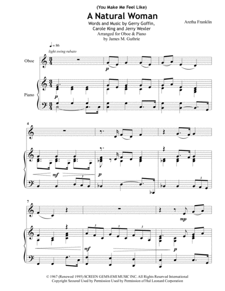 Aretha Franklin You Make Me Feel Like A Natural Woman For Oboe Piano Sheet Music