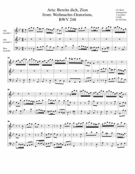 Aria Bereite Dich Zion From Weihnachts Oratorium Bwv 248 Arrangement For 3 Recorders Sheet Music