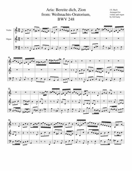 Aria Bereite Dich Zion From Weihnachts Oratorium Bwv 248 Arrangement For Violin And Organ Or Harpsichord Sheet Music